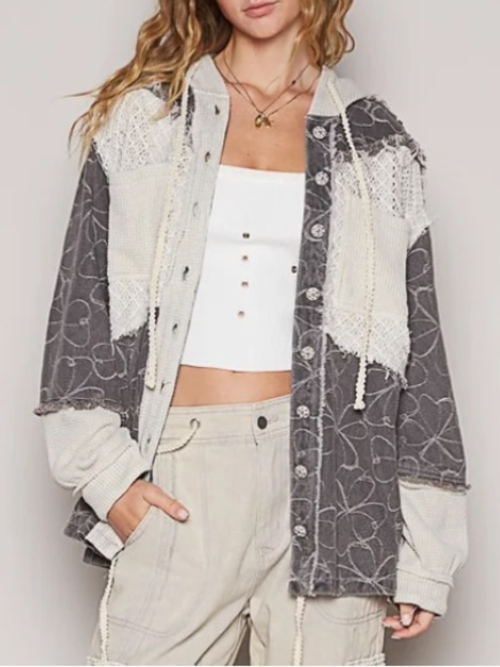 POL | Balloon Sleeve Frayed Edge Detail Hoodie Jacket| size medium